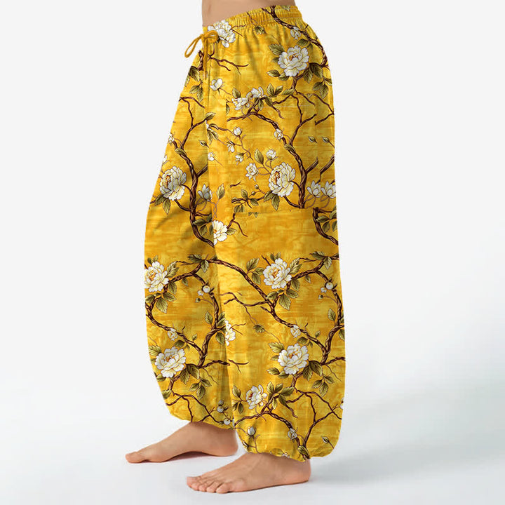 Buddha Stones Pantaloni harem da donna in cotone con elastico in vita e motivo floreale botanico, con tasche laterali. - image 8
