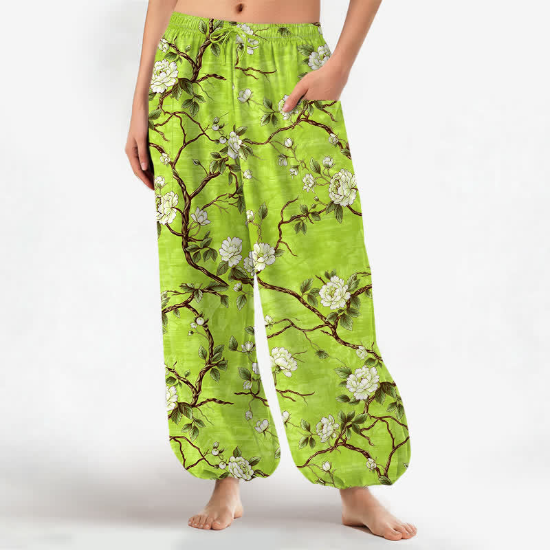 Buddha Stones Pantaloni harem da donna in cotone con elastico in vita e motivo floreale botanico, con tasche laterali. - Prato verde - US16, UK/AU20, EU48 (3XL) - image 10