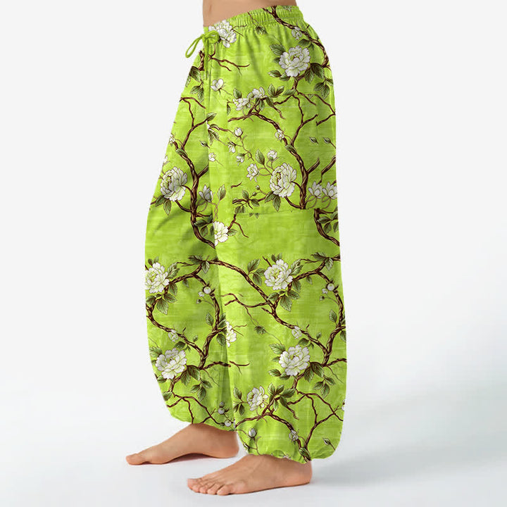 Buddha Stones Pantaloni harem da donna in cotone con elastico in vita e motivo floreale botanico, con tasche laterali. - image 11