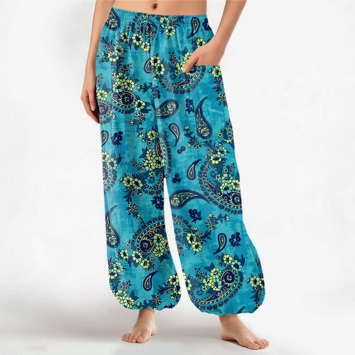 Buddha Stones Pantaloni harem da donna in cotone vintage con fantasia floreale paisley e vita elasticizzata, con tasche laterali. - Ciano - US16, UK/AU20, EU48 (3XL) - image 0