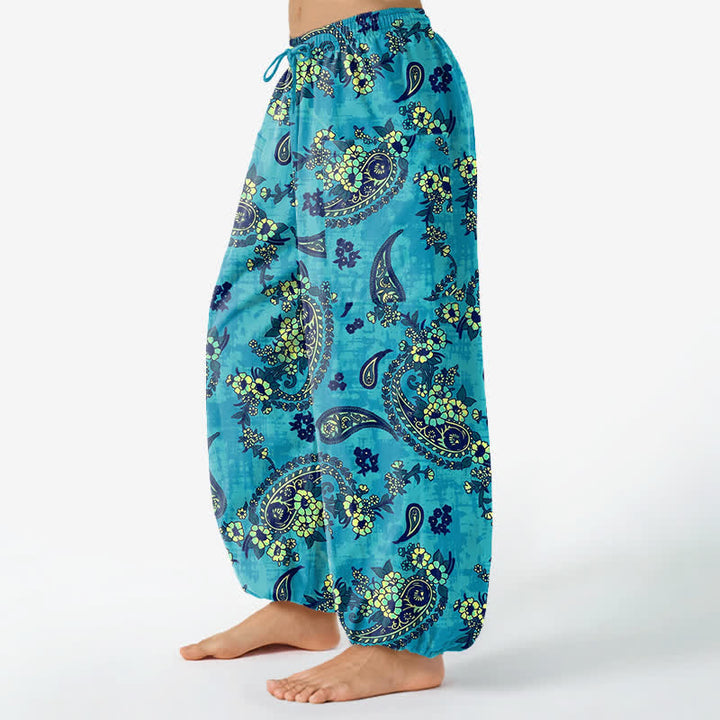 Buddha Stones Pantaloni harem da donna in cotone vintage con fantasia floreale paisley e vita elasticizzata, con tasche laterali. - image 1