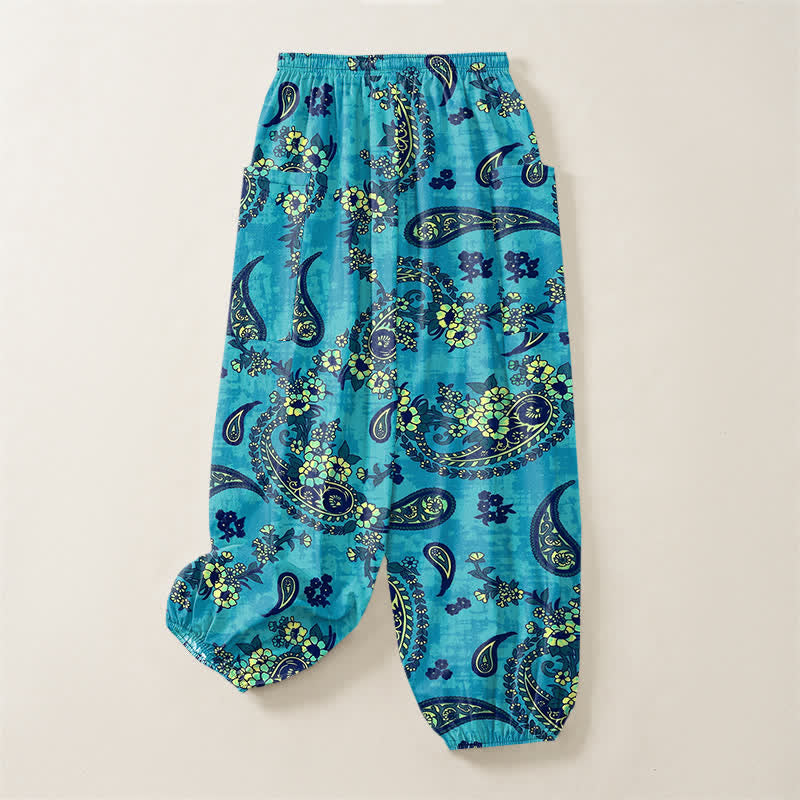 Buddha Stones Pantaloni harem da donna in cotone vintage con fantasia floreale paisley e vita elasticizzata, con tasche laterali. - image 4