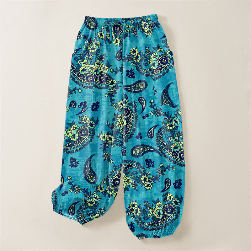 Buddha Stones Pantaloni harem da donna in cotone vintage con fantasia floreale paisley e vita elasticizzata, con tasche laterali. - image 3