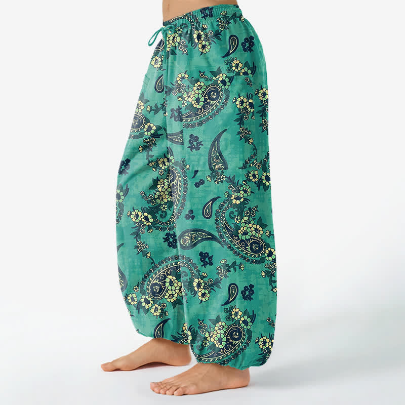 Buddha Stones Pantaloni harem da donna in cotone vintage con fantasia floreale paisley e vita elasticizzata, con tasche laterali. - image 8