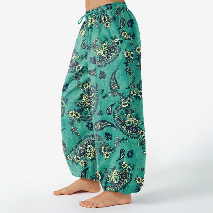 Buddha Stones Pantaloni harem da donna in cotone vintage con fantasia floreale paisley e vita elasticizzata, con tasche laterali. - image 8