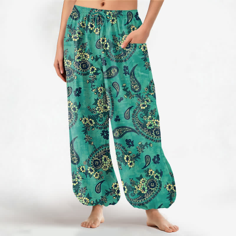 Buddha Stones Pantaloni harem da donna in cotone vintage con fantasia floreale paisley e vita elasticizzata, con tasche laterali. - Acquamarina - US16, UK/AU20, EU48 (3XL) - image 7