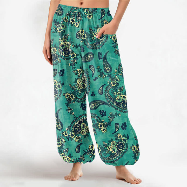 Buddha Stones Pantaloni harem da donna in cotone vintage con fantasia floreale paisley e vita elasticizzata, con tasche laterali. - Acquamarina - US16, UK/AU20, EU48 (3XL) - image 7
