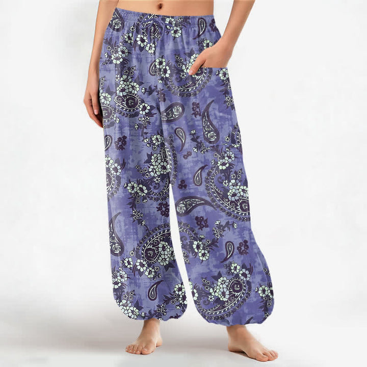 Buddha Stones Pantaloni harem da donna in cotone vintage con fantasia floreale paisley e vita elasticizzata, con tasche laterali. - Blu Ardesia - US16, UK/AU20, EU48 (3XL) - image 10