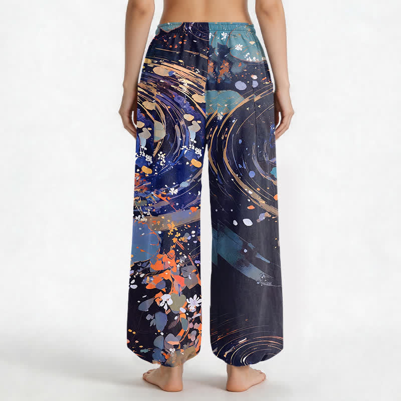 Buddha Stones Pantaloni harem da donna in cotone con elastico in vita e motivo acquerello di loto e carpa koi, con tasche laterali. - image 2
