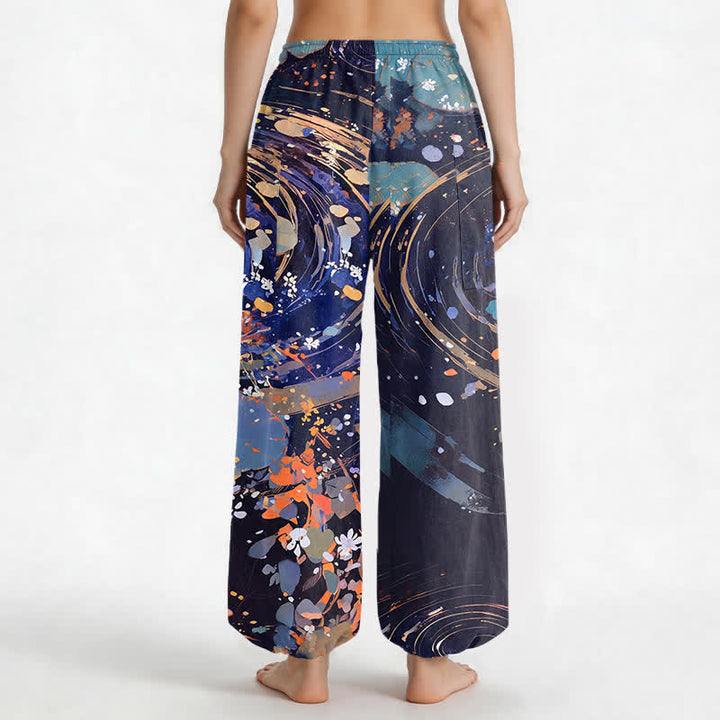 Buddha Stones Pantaloni harem da donna in cotone con elastico in vita e motivo acquerello di loto e carpa koi, con tasche laterali. - image 2