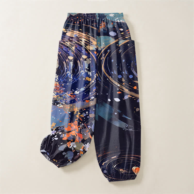 Buddha Stones Pantaloni harem da donna in cotone con elastico in vita e motivo acquerello di loto e carpa koi, con tasche laterali. - image 4
