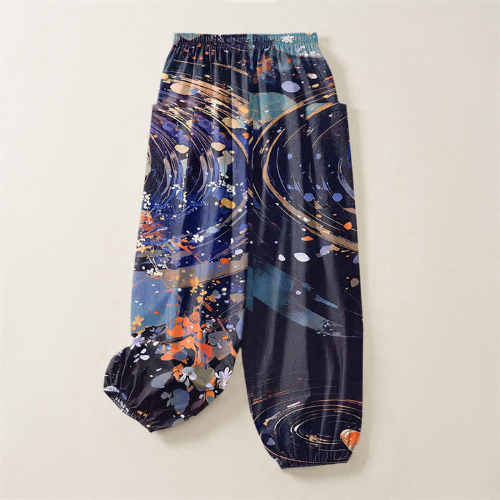 Buddha Stones Pantaloni harem da donna in cotone con elastico in vita e motivo acquerello di loto e carpa koi, con tasche laterali. - image 4