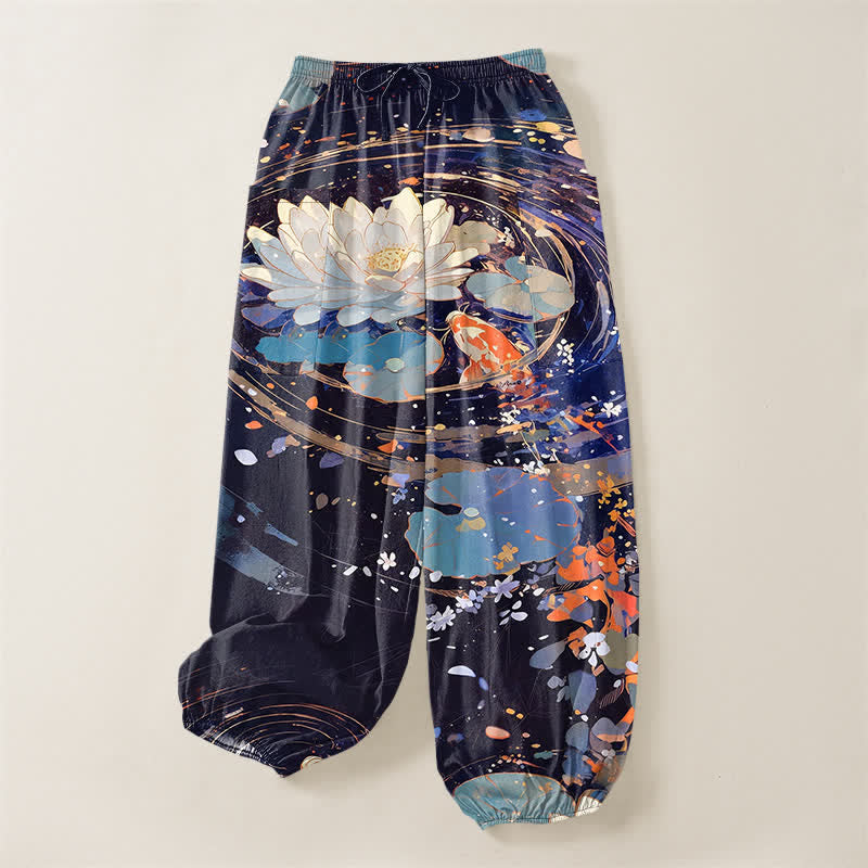 Buddha Stones Pantaloni harem da donna in cotone con elastico in vita e motivo acquerello di loto e carpa koi, con tasche laterali. - image 3