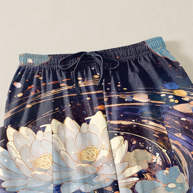 Buddha Stones Pantaloni harem da donna in cotone con elastico in vita e motivo acquerello di loto e carpa koi, con tasche laterali. - image 5