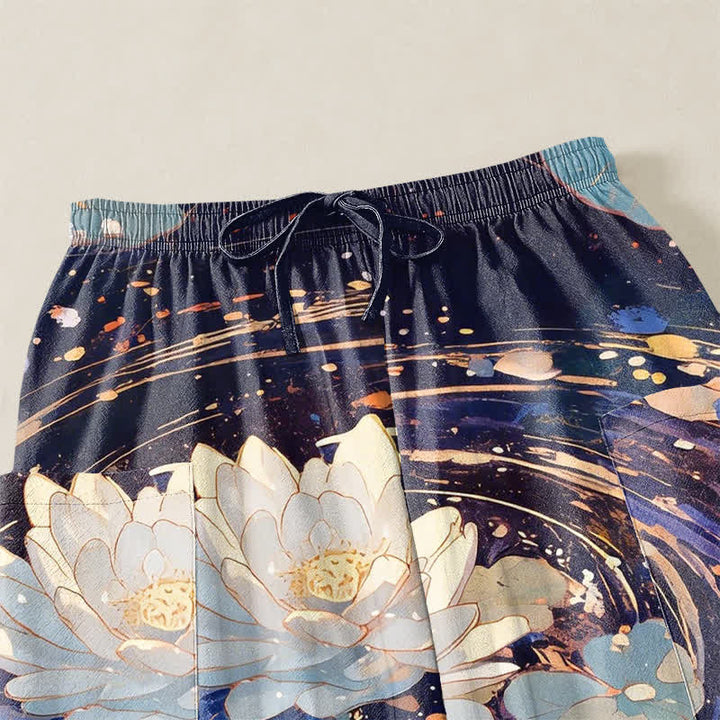 Buddha Stones Pantaloni harem da donna in cotone con elastico in vita e motivo acquerello di loto e carpa koi, con tasche laterali. - image 5
