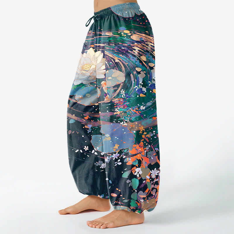 Buddha Stones Pantaloni harem da donna in cotone con elastico in vita e motivo acquerello di loto e carpa koi, con tasche laterali. - image 8