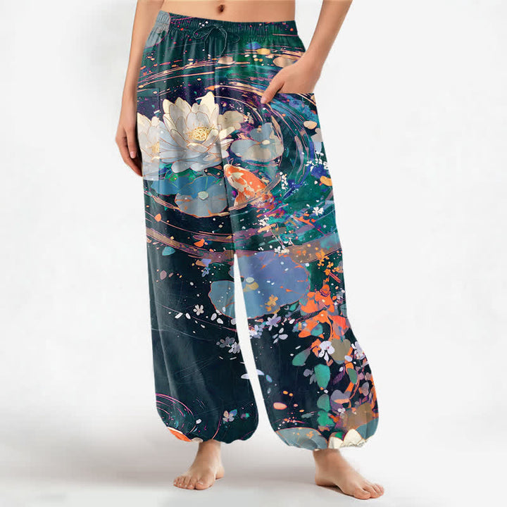 Buddha Stones Pantaloni harem da donna in cotone con elastico in vita e motivo acquerello di loto e carpa koi, con tasche laterali. - Verde acqua - US16, UK/AU20, EU48 (3XL) - image 7