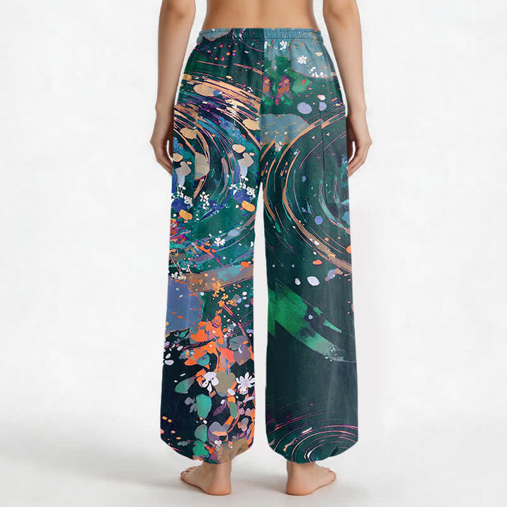 Buddha Stones Pantaloni harem da donna in cotone con elastico in vita e motivo acquerello di loto e carpa koi, con tasche laterali. - image 9