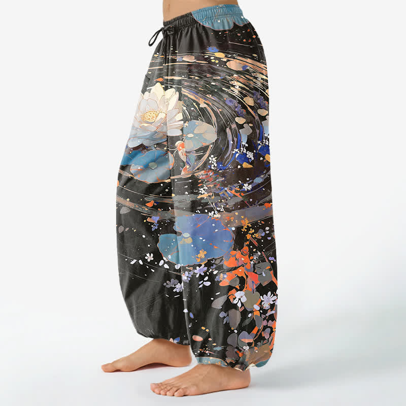 Buddha Stones Pantaloni harem da donna in cotone con elastico in vita e motivo acquerello di loto e carpa koi, con tasche laterali. - image 11