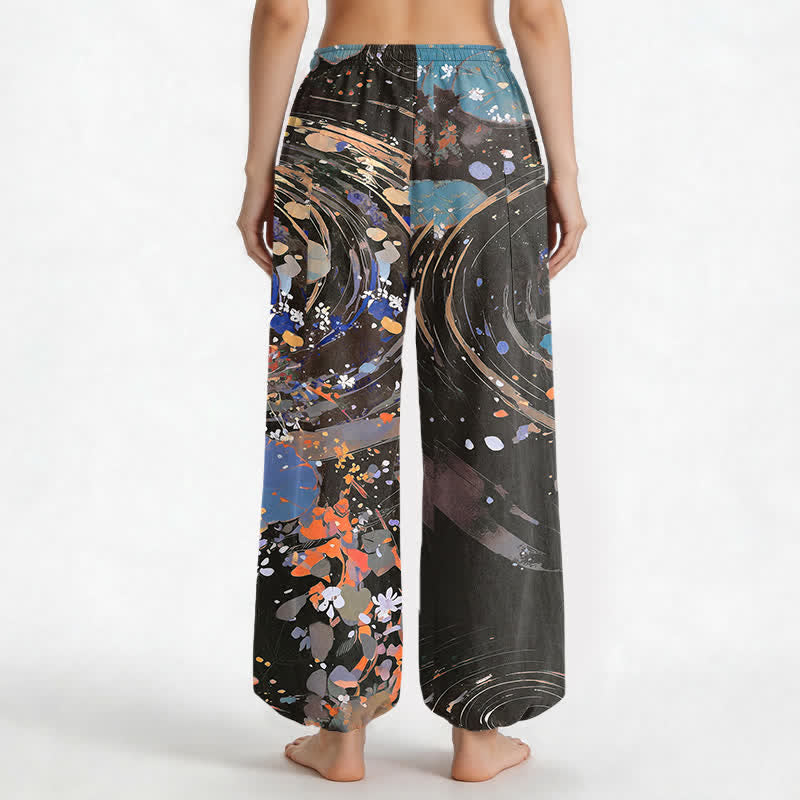 Buddha Stones Pantaloni harem da donna in cotone con elastico in vita e motivo acquerello di loto e carpa koi, con tasche laterali. - image 12