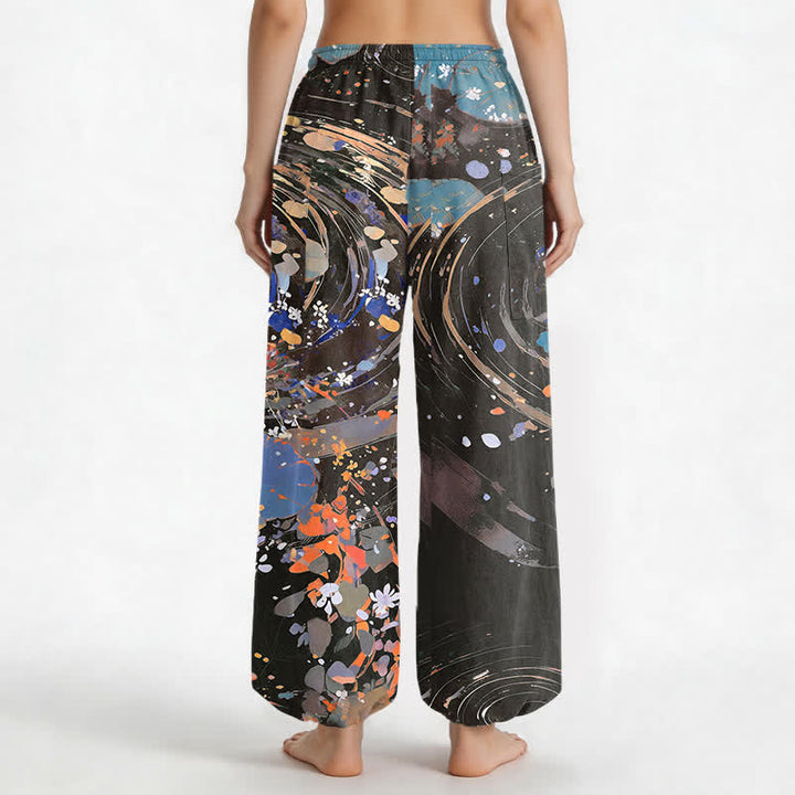 Buddha Stones Pantaloni harem da donna in cotone con elastico in vita e motivo acquerello di loto e carpa koi, con tasche laterali. - image 12