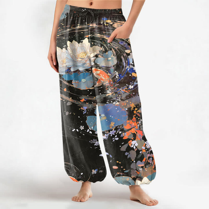 Buddha Stones Pantaloni harem da donna in cotone con elastico in vita e motivo acquerello di loto e carpa koi, con tasche laterali. - Nero - US16, UK/AU20, EU48 (3XL) - image 10