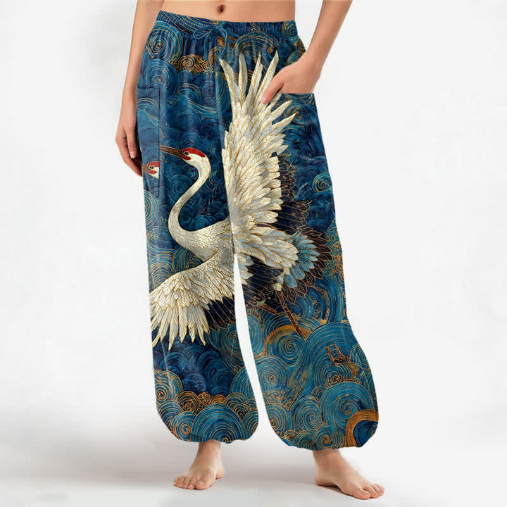 Buddha Stones Pantaloni harem da donna in cotone con motivo a onde e cintura elasticizzata, con tasche laterali. - Blu medio - US16, UK/AU20, EU48 (3XL) - image 0