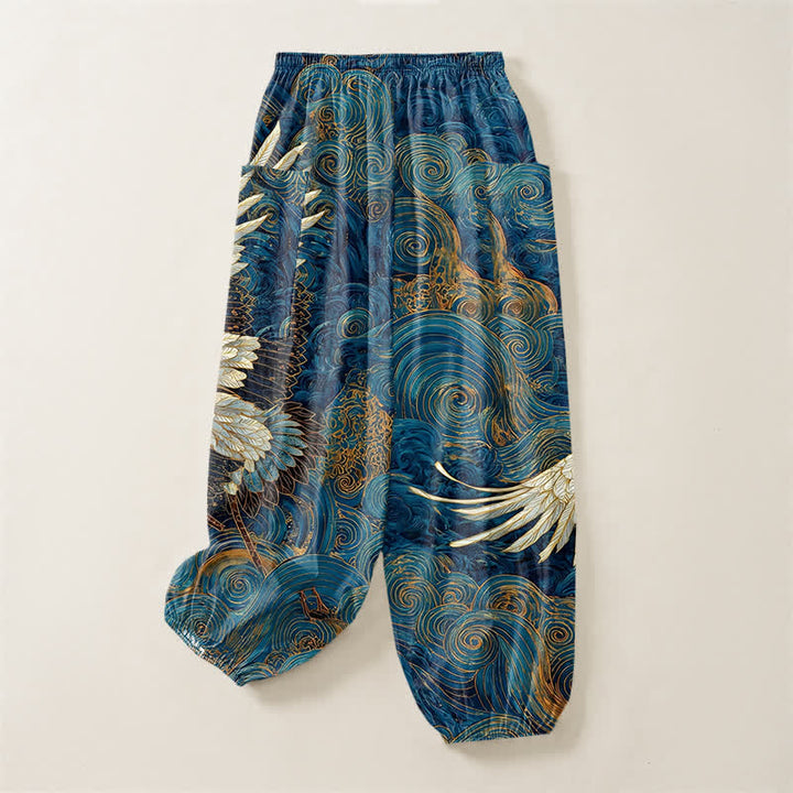 Buddha Stones Pantaloni harem da donna in cotone con motivo a onde e cintura elasticizzata, con tasche laterali. - image 4