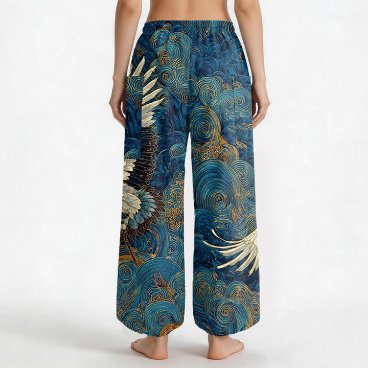 Buddha Stones Pantaloni harem da donna in cotone con motivo a onde e cintura elasticizzata, con tasche laterali. - image 2