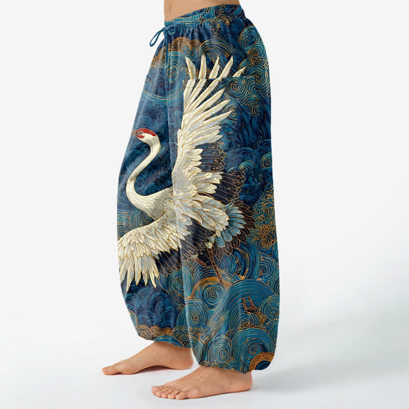 Buddha Stones Pantaloni harem da donna in cotone con motivo a onde e cintura elasticizzata, con tasche laterali. - image 1
