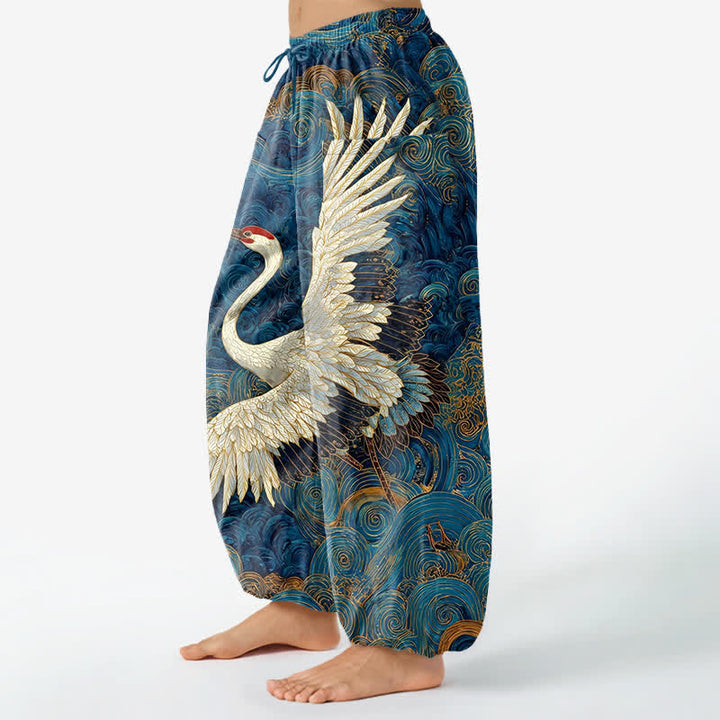 Buddha Stones Pantaloni harem da donna in cotone con motivo a onde e cintura elasticizzata, con tasche laterali. - image 1