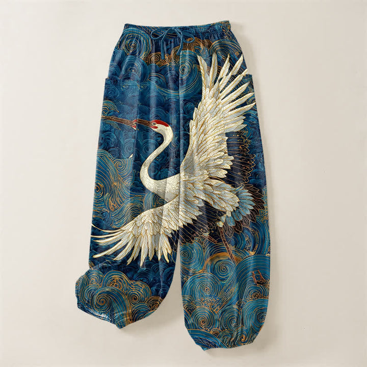 Buddha Stones Pantaloni harem da donna in cotone con motivo a onde e cintura elasticizzata, con tasche laterali. - image 3