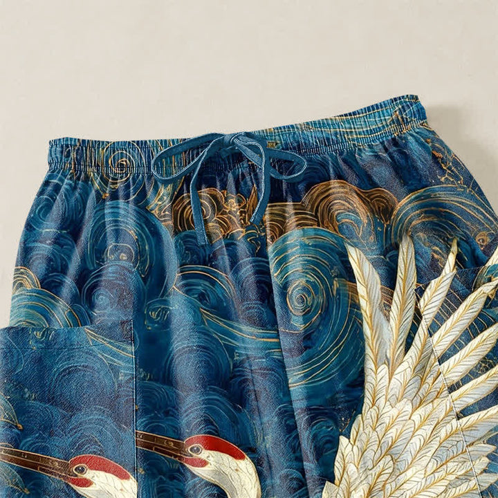 Buddha Stones Pantaloni harem da donna in cotone con motivo a onde e cintura elasticizzata, con tasche laterali. - image 5