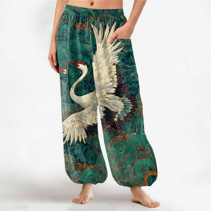 Buddha Stones Pantaloni harem da donna in cotone con motivo a onde e cintura elasticizzata, con tasche laterali. - Verde mare - US16, UK/AU20, EU48 (3XL) - image 7