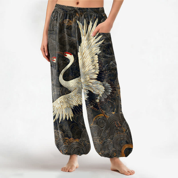 Buddha Stones Pantaloni harem da donna in cotone con motivo a onde e cintura elasticizzata, con tasche laterali. - Nero - US16, UK/AU20, EU48 (3XL) - image 10