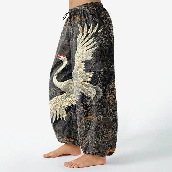 Buddha Stones Pantaloni harem da donna in cotone con motivo a onde e cintura elasticizzata, con tasche laterali. - image 11