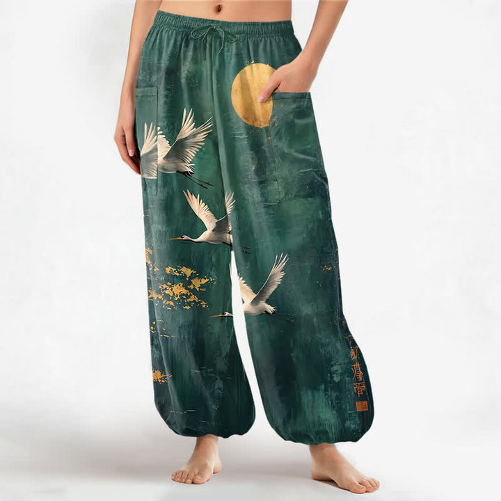 Buddha Stones Pantaloni harem da donna in cotone con motivo orientale di gru e luna, vita elasticizzata e tasche laterali. - Verde acqua - US16, UK/AU20, EU48 (3XL) - image 0