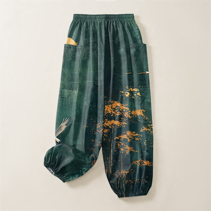Buddha Stones Pantaloni harem da donna in cotone con motivo orientale di gru e luna, vita elasticizzata e tasche laterali. - image 4