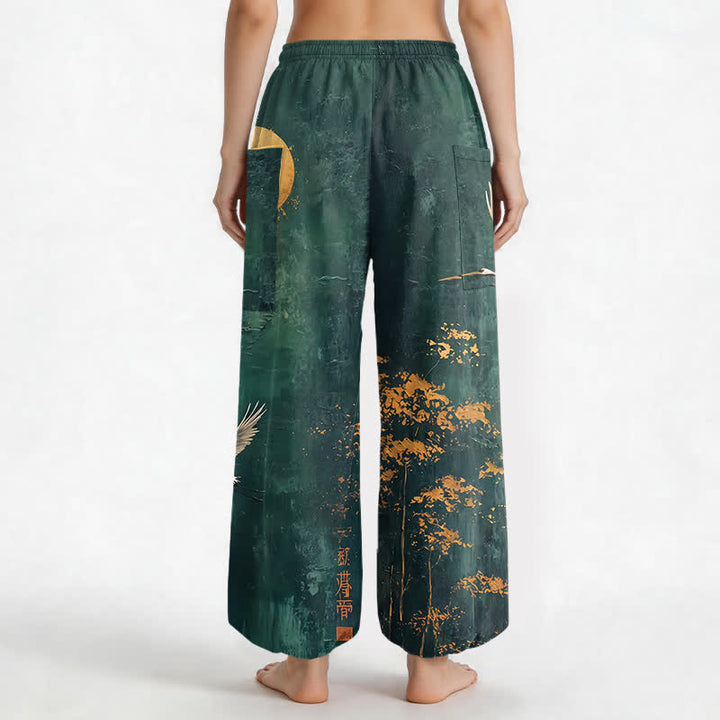 Buddha Stones Pantaloni harem da donna in cotone con motivo orientale di gru e luna, vita elasticizzata e tasche laterali. - image 2
