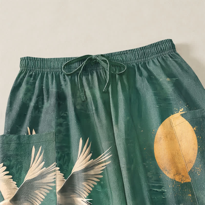 Buddha Stones Pantaloni harem da donna in cotone con motivo orientale di gru e luna, vita elasticizzata e tasche laterali. - image 5