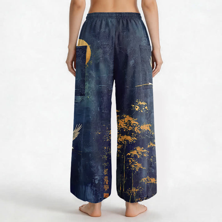 Buddha Stones Pantaloni harem da donna in cotone con motivo orientale di gru e luna, vita elasticizzata e tasche laterali. - image 9