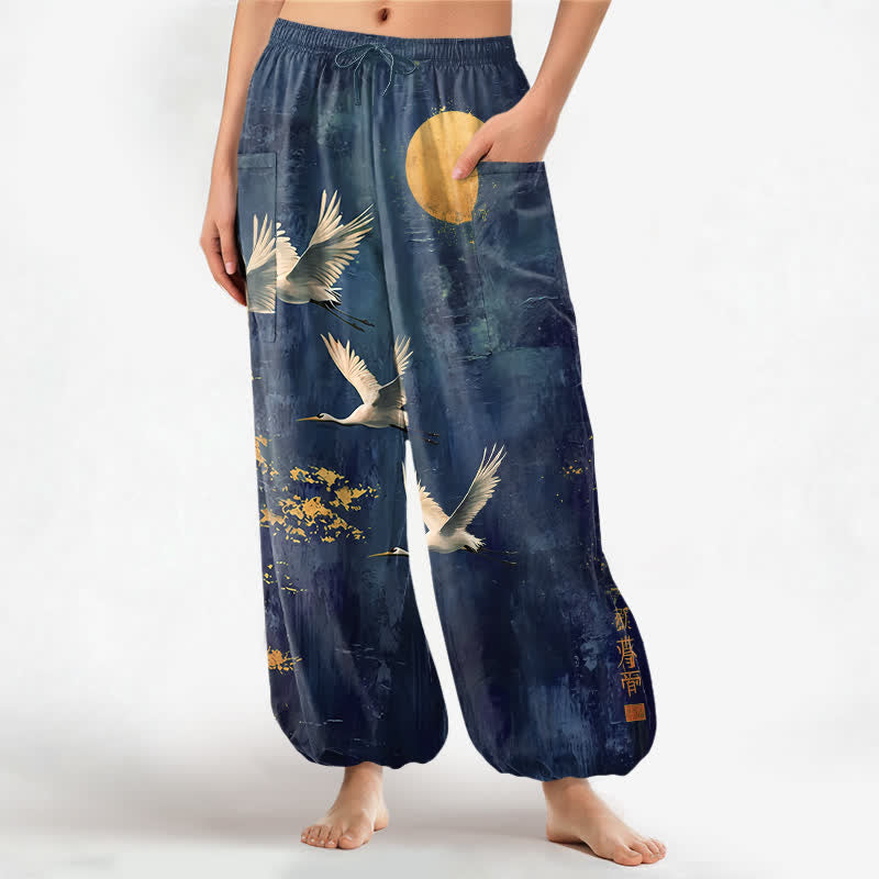 Buddha Stones Pantaloni harem da donna in cotone con motivo orientale di gru e luna, vita elasticizzata e tasche laterali. - Marina - US16, UK/AU20, EU48 (3XL) - image 7