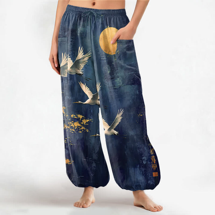 Buddha Stones Pantaloni harem da donna in cotone con motivo orientale di gru e luna, vita elasticizzata e tasche laterali. - Marina - US16, UK/AU20, EU48 (3XL) - image 7