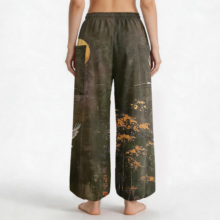 Buddha Stones Pantaloni harem da donna in cotone con motivo orientale di gru e luna, vita elasticizzata e tasche laterali. - image 12