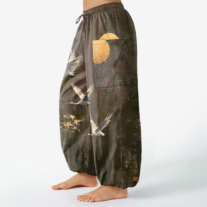 Buddha Stones Pantaloni harem da donna in cotone con motivo orientale di gru e luna, vita elasticizzata e tasche laterali. - image 11