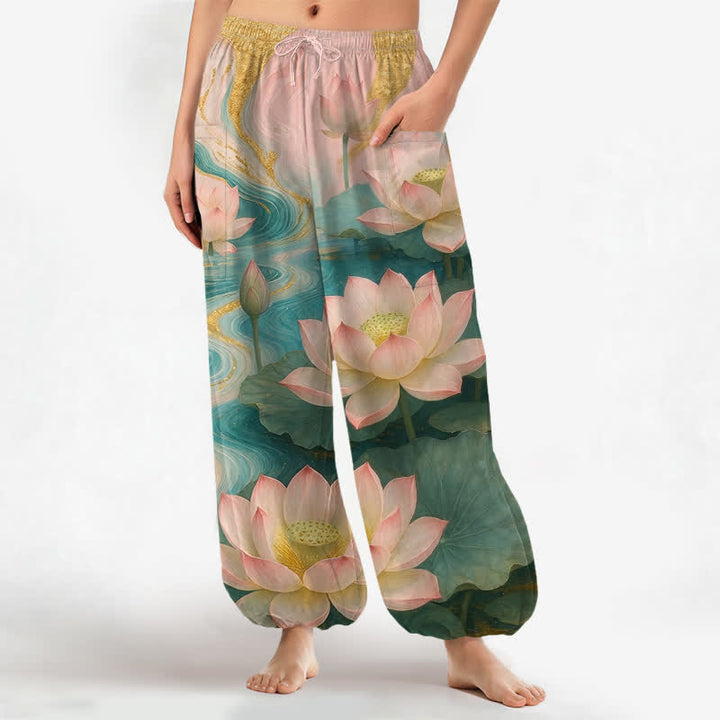 Buddha Stones Pantaloni harem da donna in cotone con stampa effetto loto e lavaggio a inchiostro, con elastico in vita e tasche laterali. - Verde mare medio - US16, UK/AU20, EU48 (3XL) - image 0