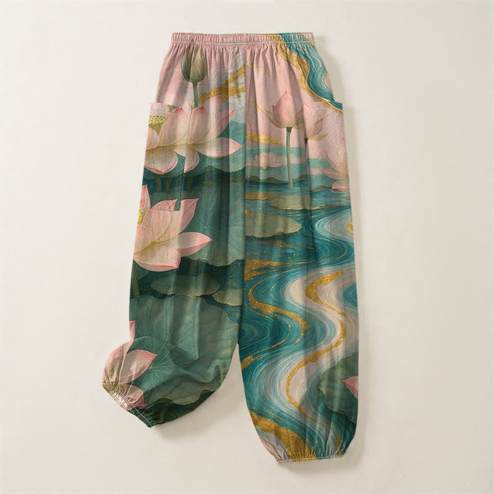 Buddha Stones Pantaloni harem da donna in cotone con stampa effetto loto e lavaggio a inchiostro, con elastico in vita e tasche laterali. - image 4