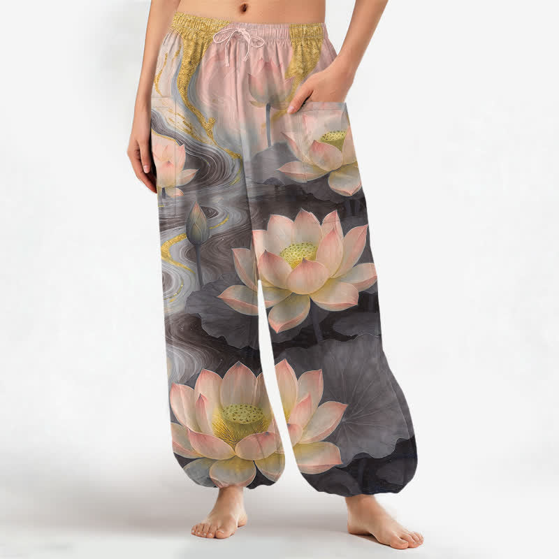 Buddha Stones Pantaloni harem da donna in cotone con stampa effetto loto e lavaggio a inchiostro, con elastico in vita e tasche laterali. - Grigio tenue - US16, UK/AU20, EU48 (3XL) - image 7