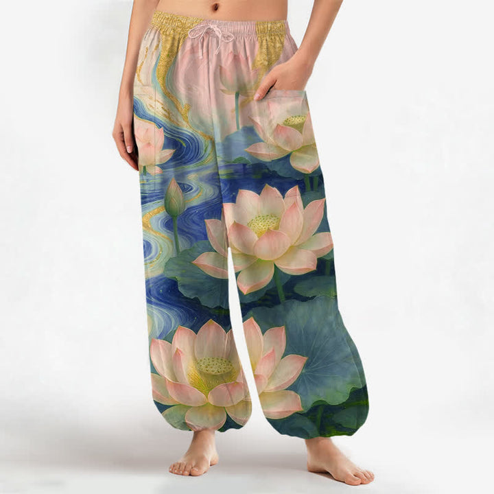 Buddha Stones Pantaloni harem da donna in cotone con stampa effetto loto e lavaggio a inchiostro, con elastico in vita e tasche laterali. - SteelBlue - US16, UK/AU20, EU48 (3XL) - image 10