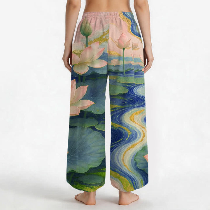Buddha Stones Pantaloni harem da donna in cotone con stampa effetto loto e lavaggio a inchiostro, con elastico in vita e tasche laterali. - image 12